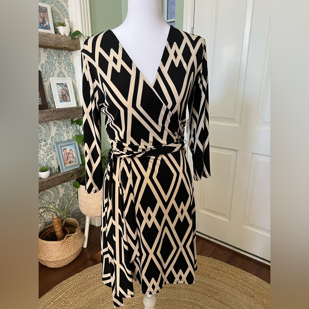 Leota Black and Cream Geometric Wrap Dress